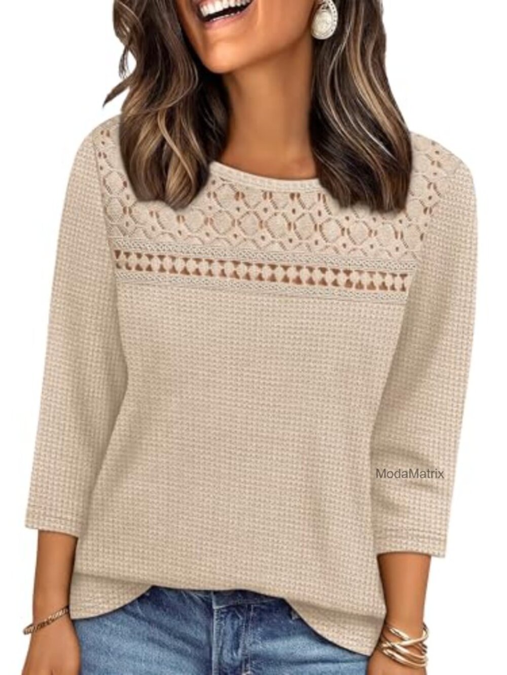 Womens Waffle Knit Blouse 3/4 Sleeve Lace Top Casual Dressy Shirt